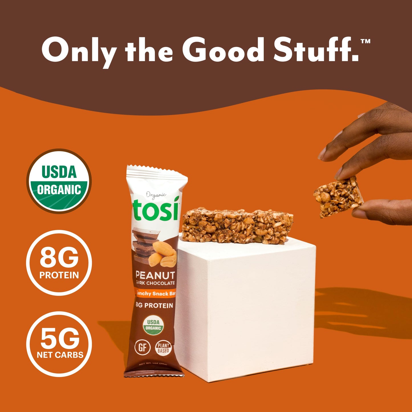 Tosi Dark Chocolate Peanut Butter Protein Bars, Plant Based With Nuts, Gluten-Free Crunchy Snacks, Vegan, Organic, Flax & Chia S
