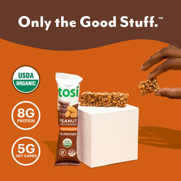 Tosi Dark Chocolate Peanut Butter Protein Bars, Plant Based With Nuts, Gluten-Free Crunchy Snacks, Vegan, Organic, Flax & Chia S
