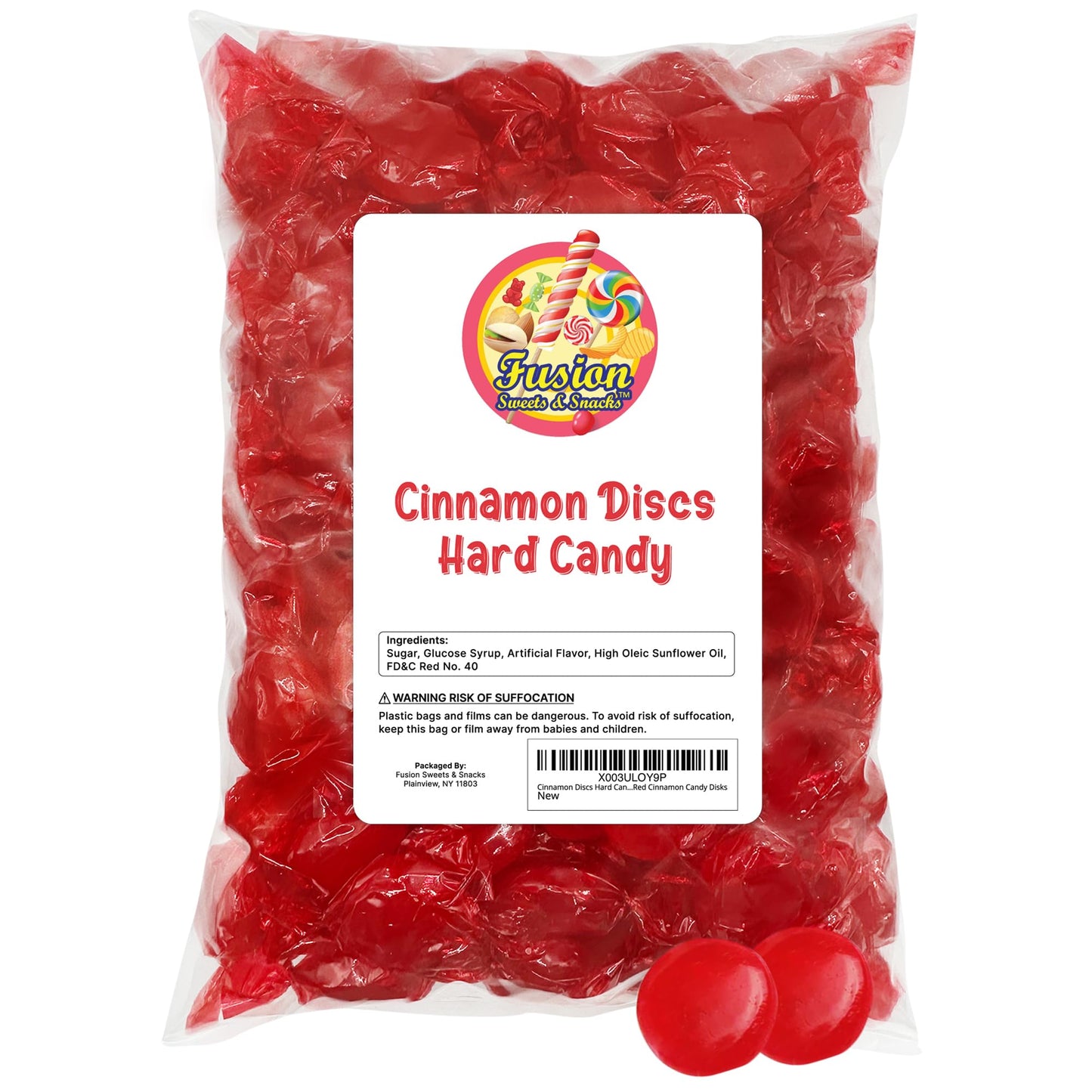 Fusion Sweets Cinnamon Discs Hard Candy - 2 Pound Bulk Individually Wrapped Red Candy Disks