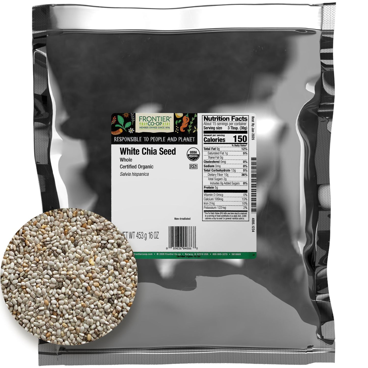 Frontier Co-op Organic Chia Seeds, Whole, 16 Oz, Bulk Bag - For Chia Pudding, Smoothies, Baking, and Salads