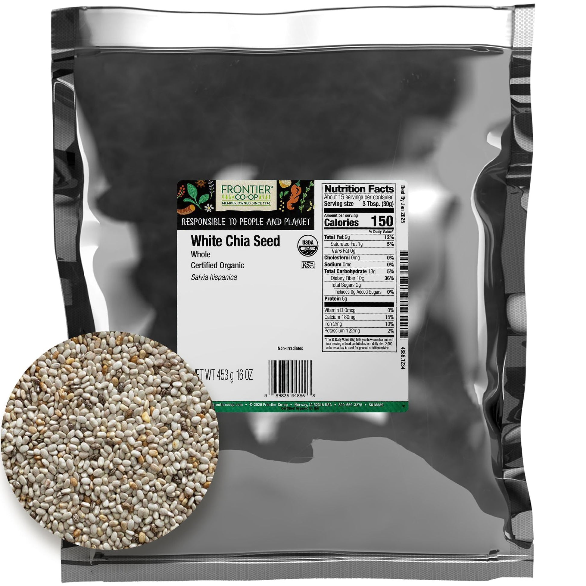 Frontier Co-op Organic Chia Seeds, Whole, 16 Oz, Bulk Bag - For Chia Pudding, Smoothies, Baking, and Salads