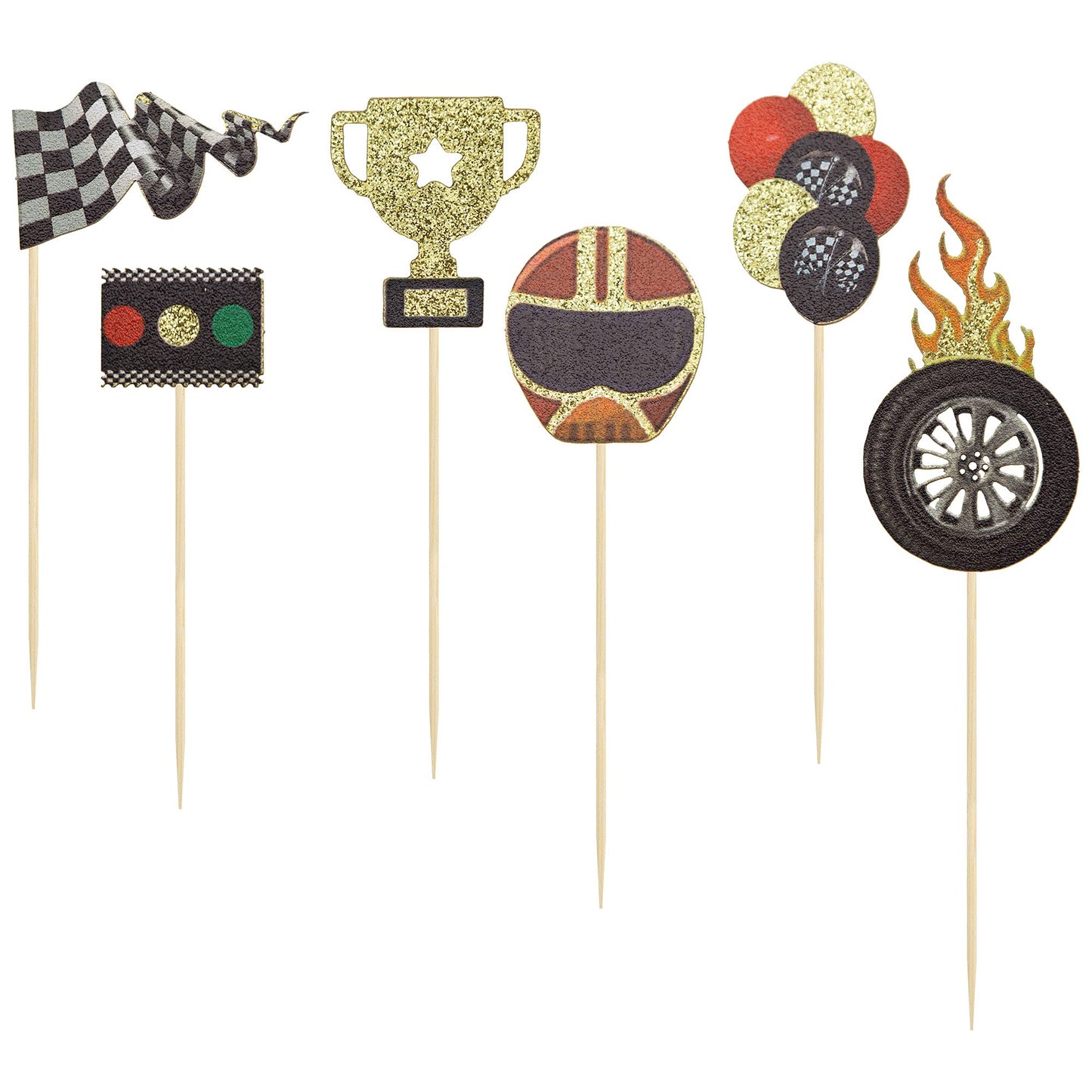 Gyufise 24 Pack Race Car Cupcake Toppers For Boy Birthday Racing Car Theme Trophy Flag Wheel Fruit Picks Party Decoration Let'S