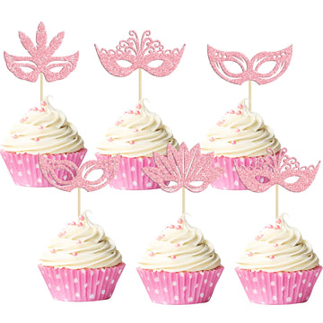 24Pcs Masquerade Masks Cupcake Toppers Glitter Bachelorette Party Mask Cupcake Food Picks Masquerade Mardi Gras Party Baby Showe