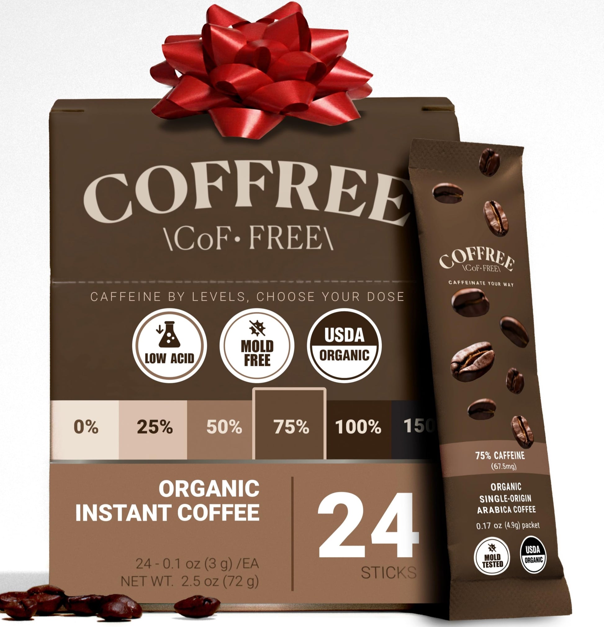 Coffree Organic Instant Coffee Packets - 75% Half Caff Convenient Coffee Sticks  Mold Free  Low Acid Arabica Beans For On-The-Go Energy - Hot Or Cold Smooth Taste Single Serve Tpartyl Packets 24 Count