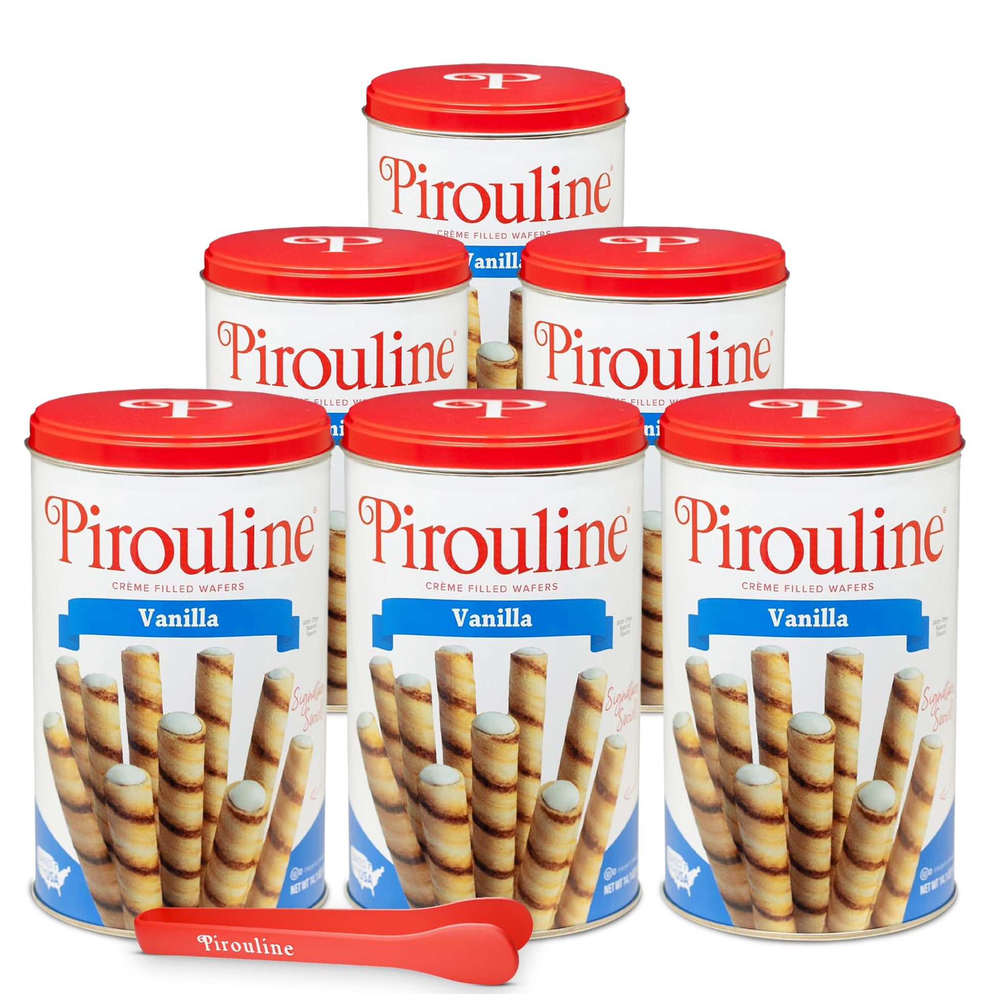 Pirouline Rolled Wafers – Vanilla Crème – Rolled Wafer Sticks Bundled With Serving Tongs, Crème Filled Wafers For Coffee, Tea, Ice Cream, Snacks, Parties, Gifts, And More – 14Oz Tin 6Pk