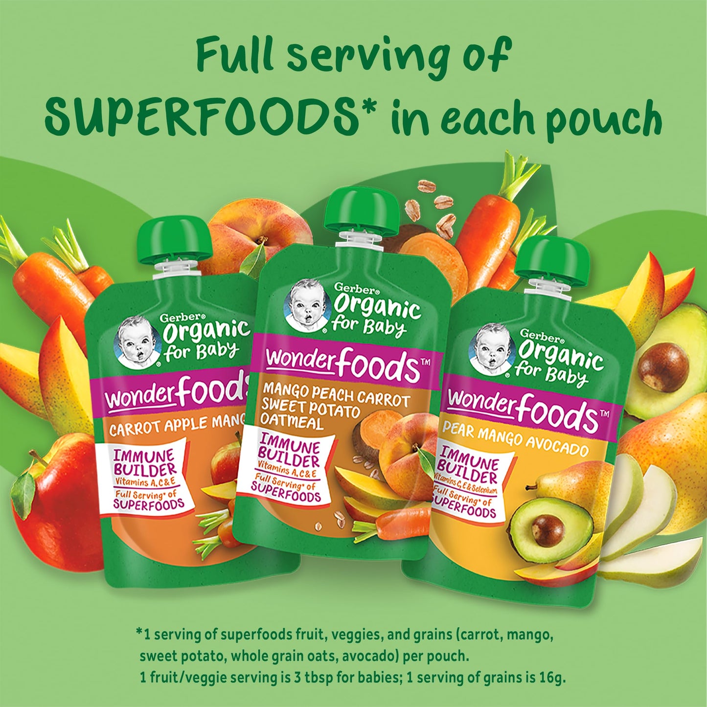 Gerber Organic For Baby 2Nd Foods Pouches Immune Builder Variety Pack (3) Carrot Apple Mango (3) Mango Peach Carrot Sweet Potato
