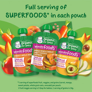 Gerber Organic For Baby 2Nd Foods Pouches Immune Builder Variety Pack (3) Carrot Apple Mango (3) Mango Peach Carrot Sweet Potato