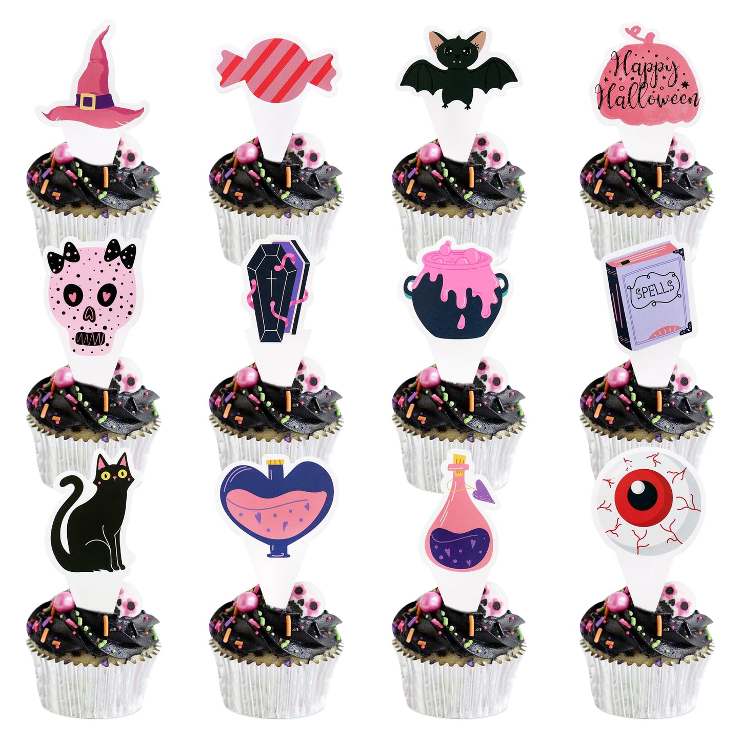 Ercadio 24 Pack Pink Halloween Cupcake Toppers Halloween Witch Hat Cat Skull Bat Cupcake Picks Pink Ghost Halloween Cupcake Topp