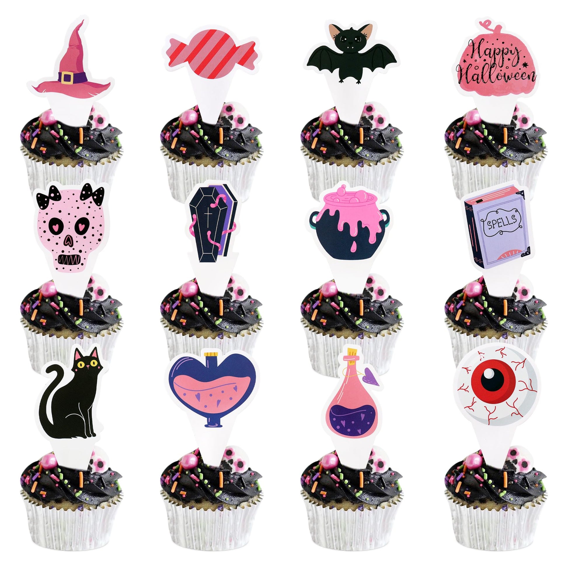 Ercadio 24 Pack Pink Halloween Cupcake Toppers Halloween Witch Hat Cat Skull Bat Cupcake Picks Pink Ghost Halloween Cupcake Topp