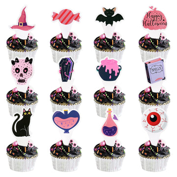 Ercadio 24 Pack Pink Halloween Cupcake Toppers Halloween Witch Hat Cat Skull Bat Cupcake Picks Pink Ghost Halloween Cupcake Topp
