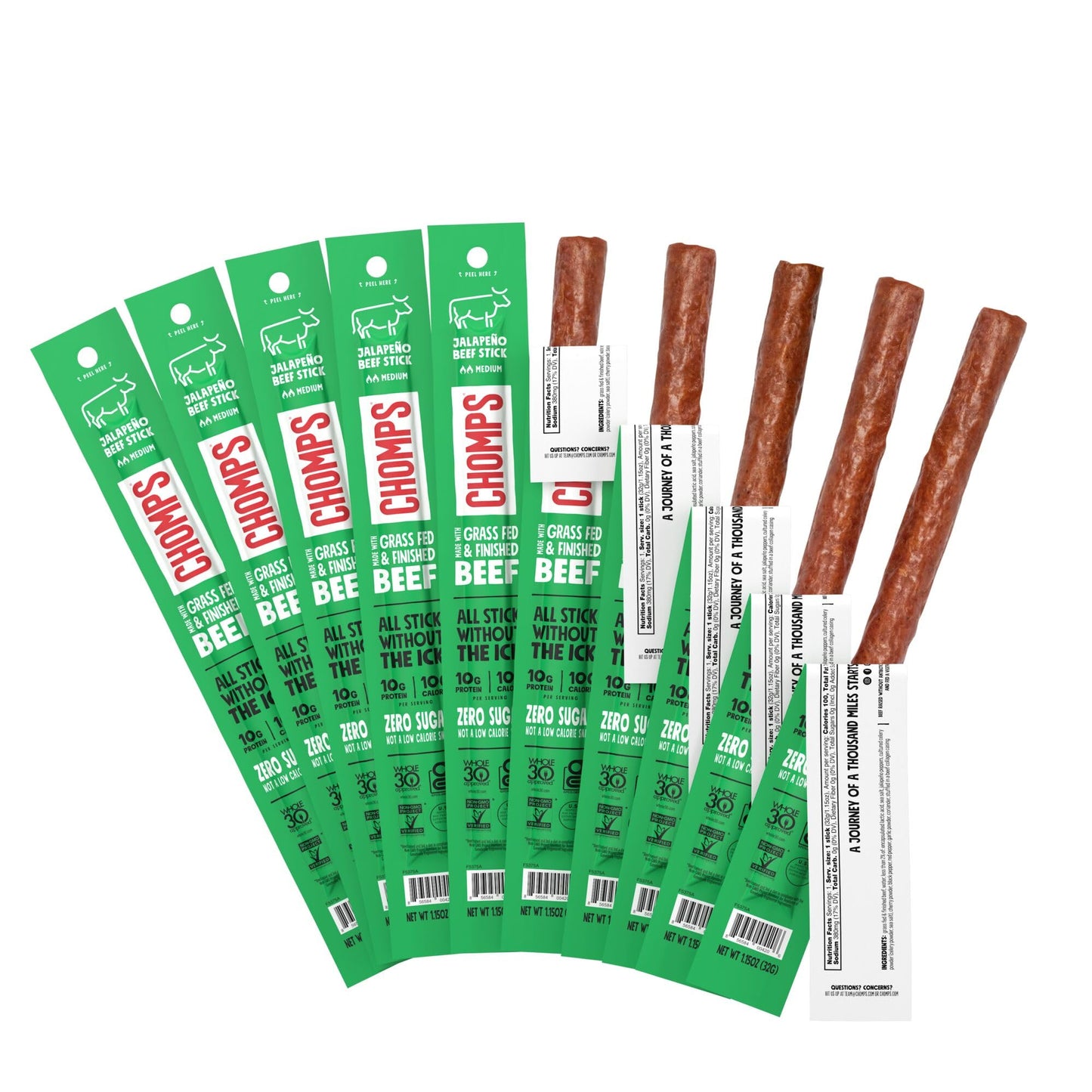 Chomps Jalapeño Beef Jerky Snack Sticks, 10-Pack, 1.15 oz each, Gluten-Free, Zero Sugar, Non-GMO, Keto, Paleo, Whole30
