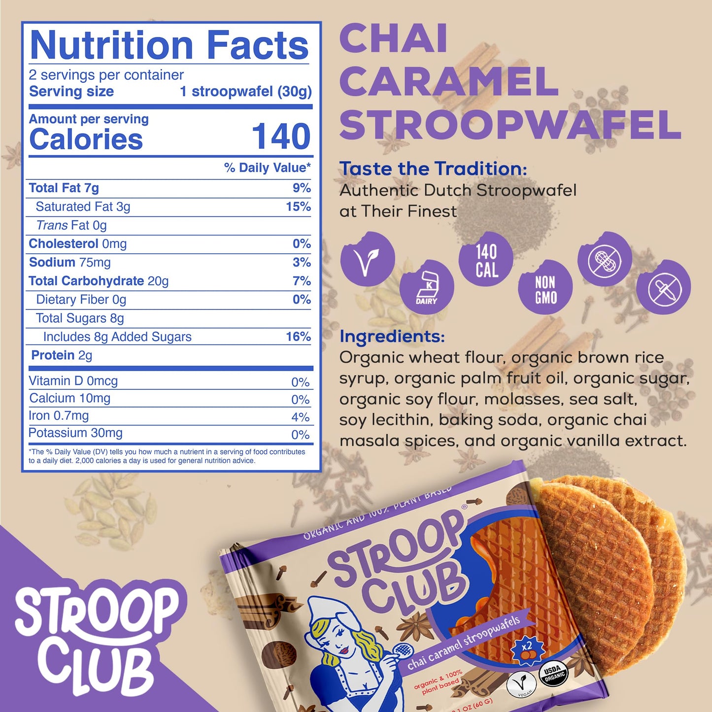 Stroop Club Chai Infused Organic Stroopwafel Caramel Treats | Vegan, Plant-Based And Dutch-Approved Indulgence - 24 Vegan Waffle