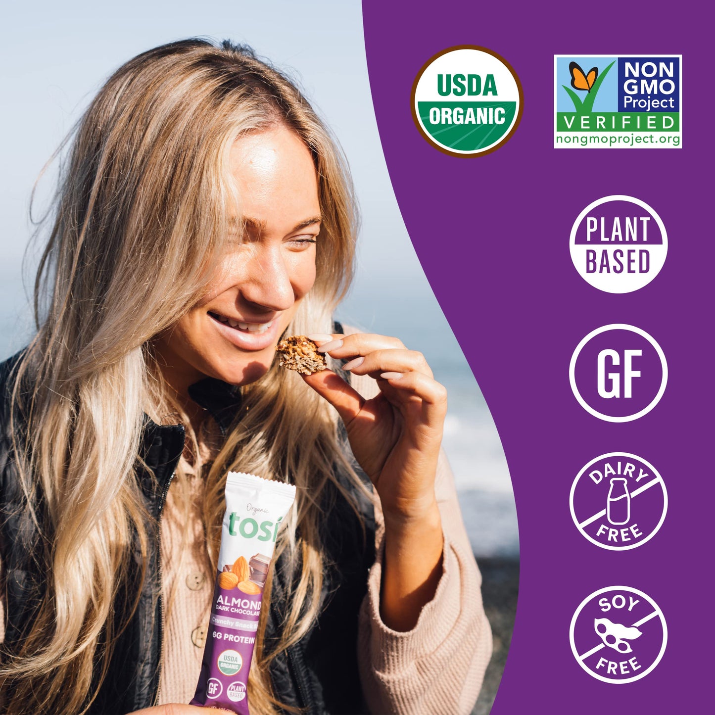 Tosi Dark Chocolate Almond Protein Bars, Plant Based With Nuts, Gluten-Free Crunchy Snacks, Vegan, Organic, Flax & Chia Seeds, S