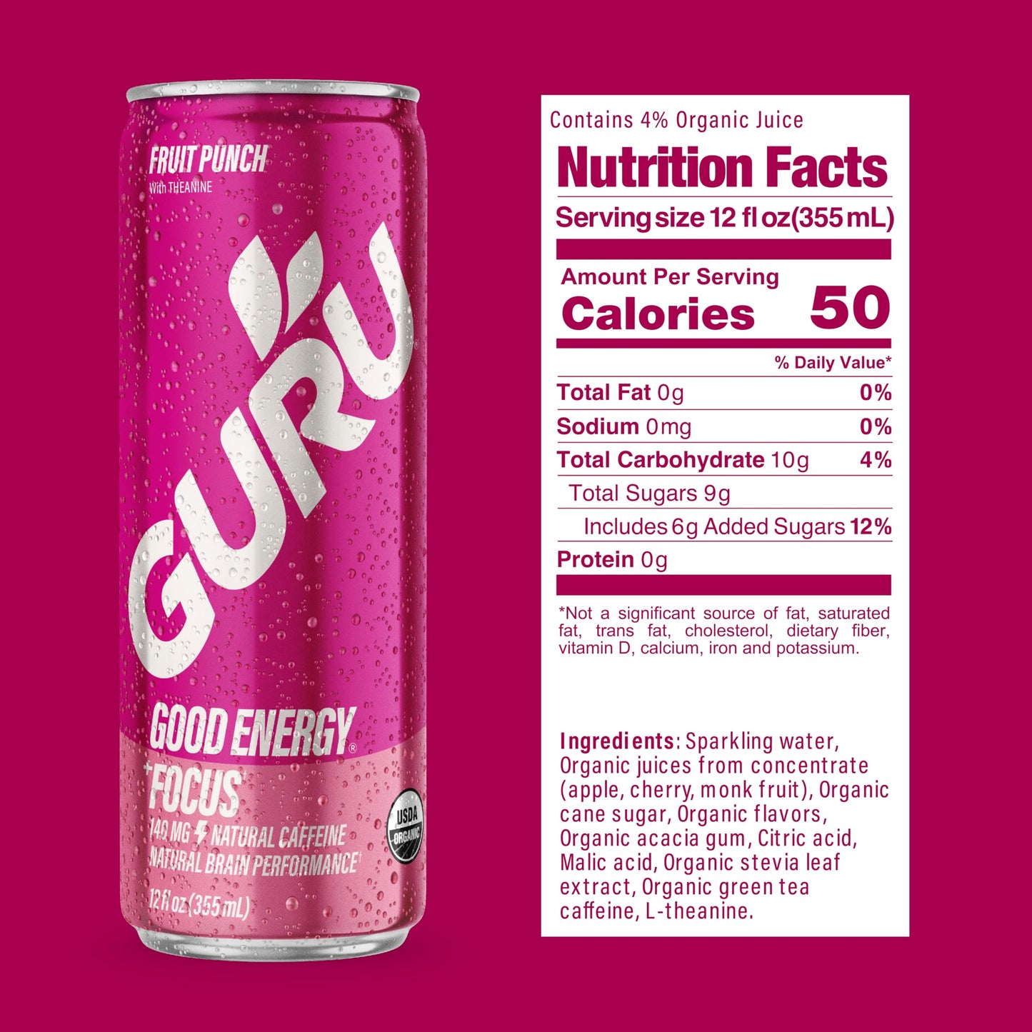 GURU Fruit Punch Organic Energy Drinks  Clean Energy Drink with Plant Based Natural Caffeine from Green Tea + Focus with L Theanine  Gluten Free and Vegan  140MG Caffeine  12oz (Pack of 12)