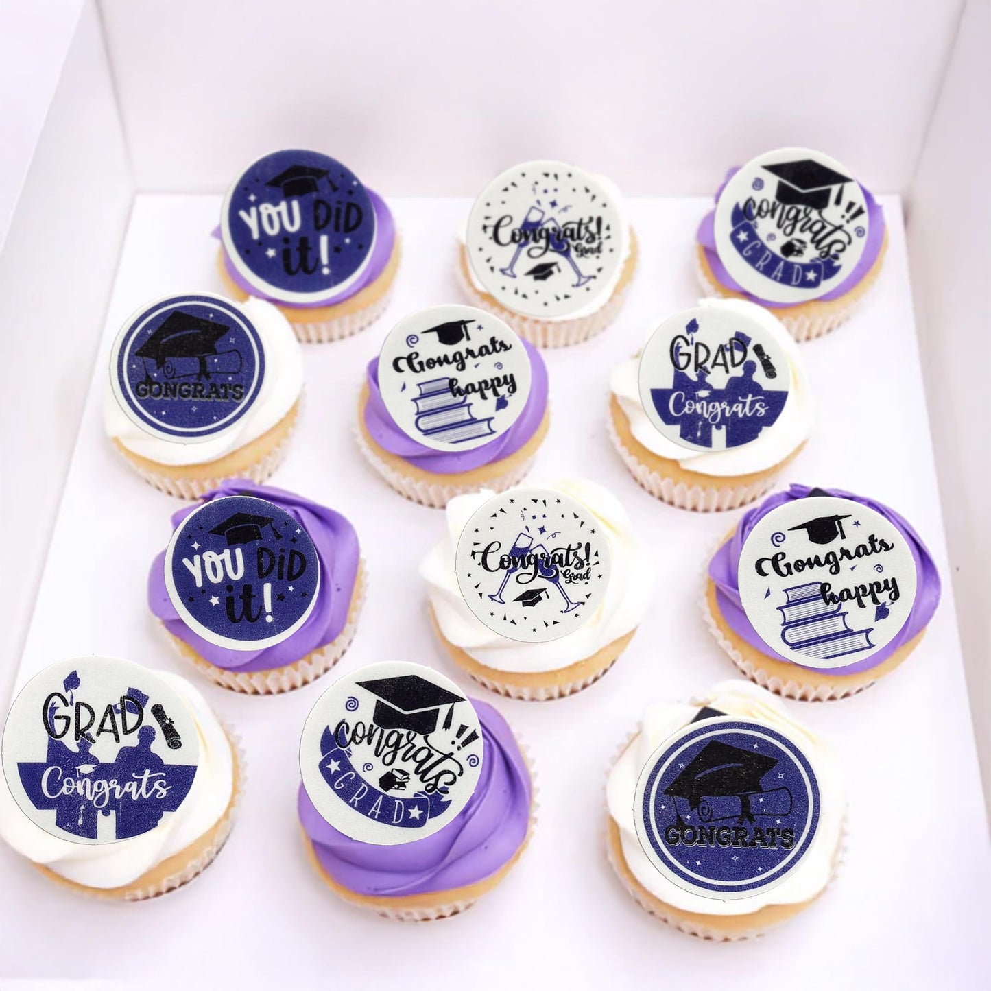 Ephlyn Graduation Cupcake Toppers, 54 Pcs Wafer Paper Grad Cap Picks, 1.8 cm, Purple, Class of 2025 Cake Decorations