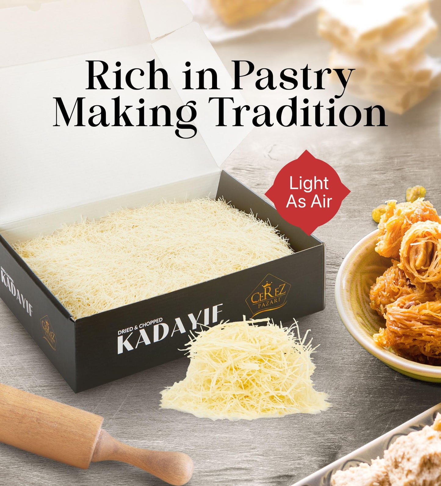 Cerez Pazari Kataifi Shredded Fillo Dough 1.1 lb. Shredded Phyllo Dough  Kadayif Ingredient For Dubai Chocolate Bar Pistachio  Raw  Dried  Chopped Kataifi Pastry  Knafeh  Kunafa