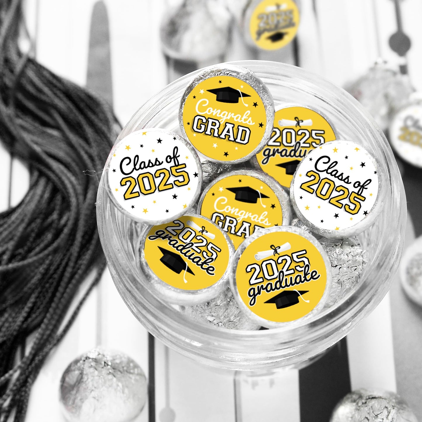 Yellow Graduation Party Stickers For Kisses Candy, Chocolate Drops, 2025 Grad Party Favors - 180 Count