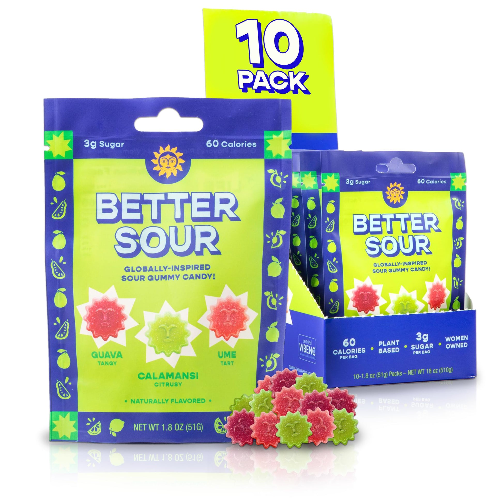 Better Sour Gummies - Guava, Calamansi, Ume - Naturally Flavored, Plant-Based, Low Sugar, Healthy Sour Gummy Candy - 3G Sugar/60
