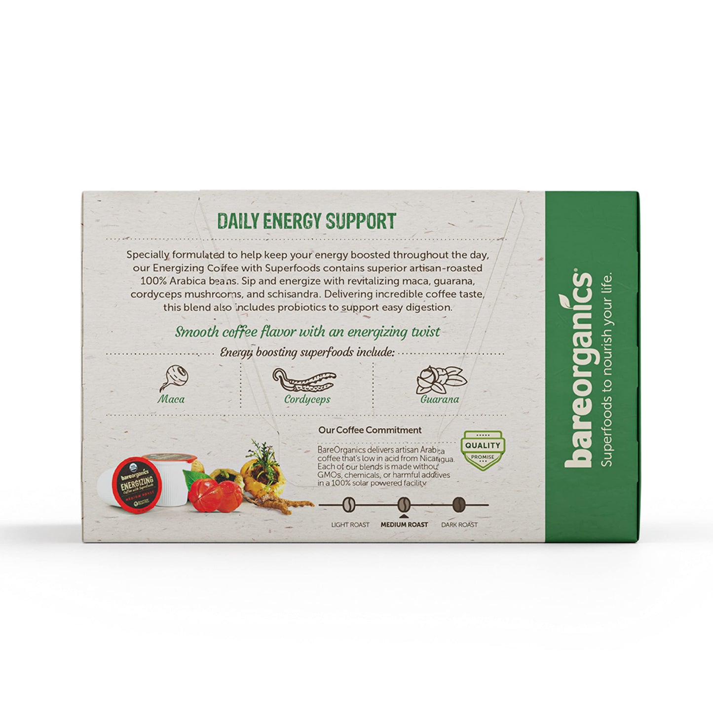 Bareorganics Energy Medium Roast Coffee, Organic, 10 K-Cup Pods, Superfoods & Probiotics Infused, Vegan, Gluten Free, 10 Single Serve Cups