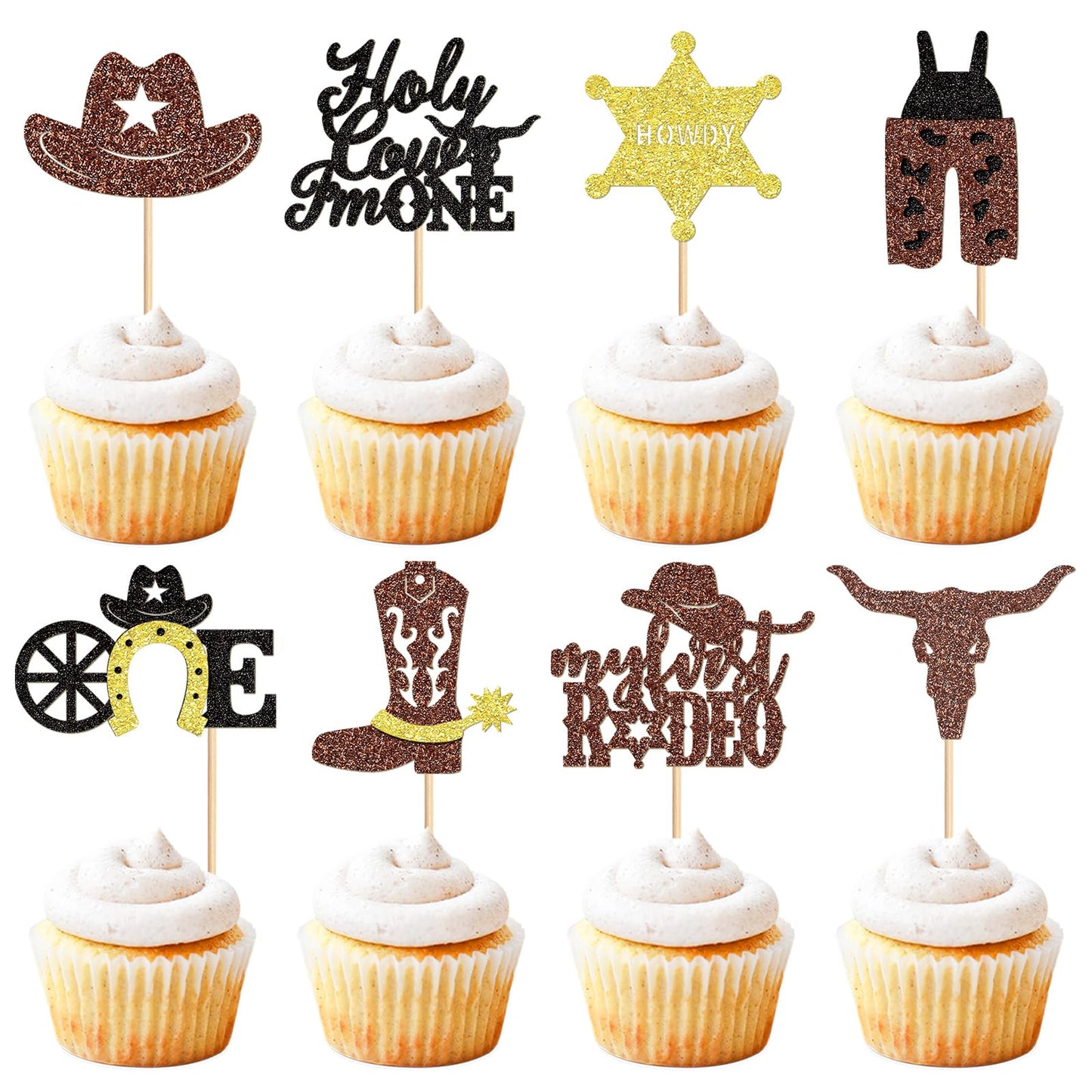 32 Pack Cowboy My 1st Rodeo Cupcake Toppers Holy Cow I'm One HorseShoe Cowboy Hats Western Theme Happy Birthday Baby Shower Part