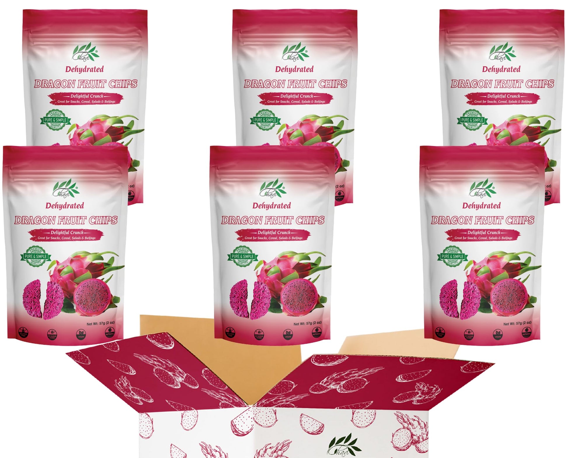 Chavi Dragon Fruit Chips - Pack Of 6 X 2 Oz - Healthy 1 Ingredient Superfood Snack - No Added Sugars Or Preservatives - Non-Gmo,
