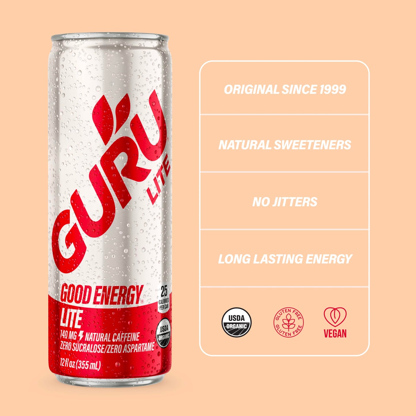 GURU Lite Organic Energy Drinks, Plant-Based Caffeine, Low Calorie, 12oz (Pack of 24), Gluten Free, Vegan, Model 897658001097