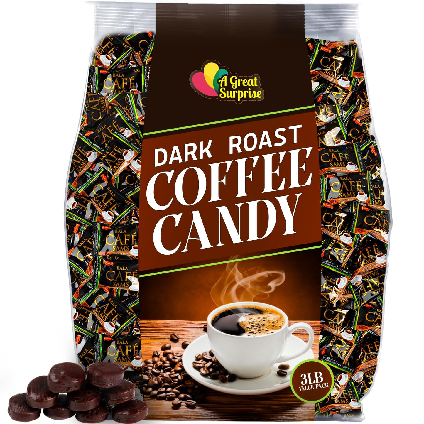 A Great Surprise Coffee-flavored Hard Candies - 3 Pounds - Individually Wrapped - Dark Roast
