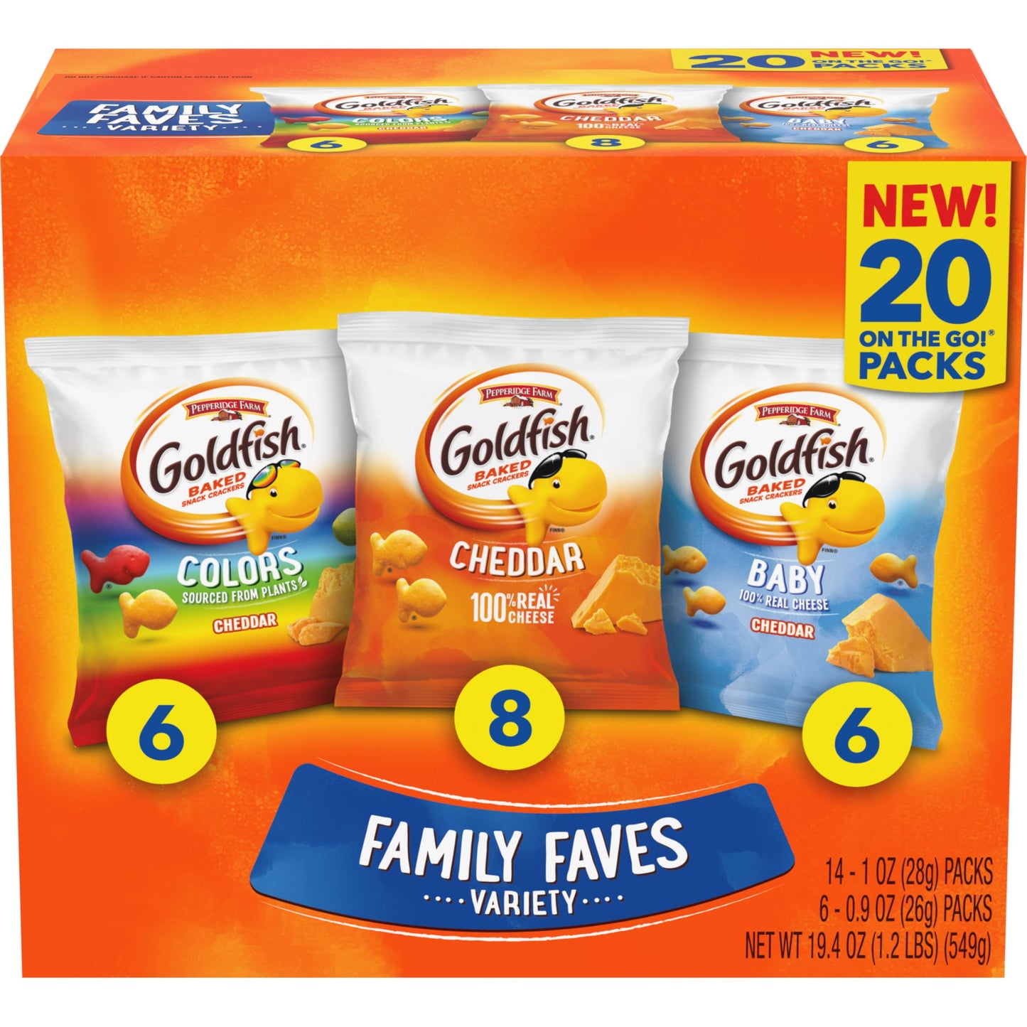 Goldfish Family Faves Crackers Variety Pack, Cheddar, 20 Count, Snack Packs