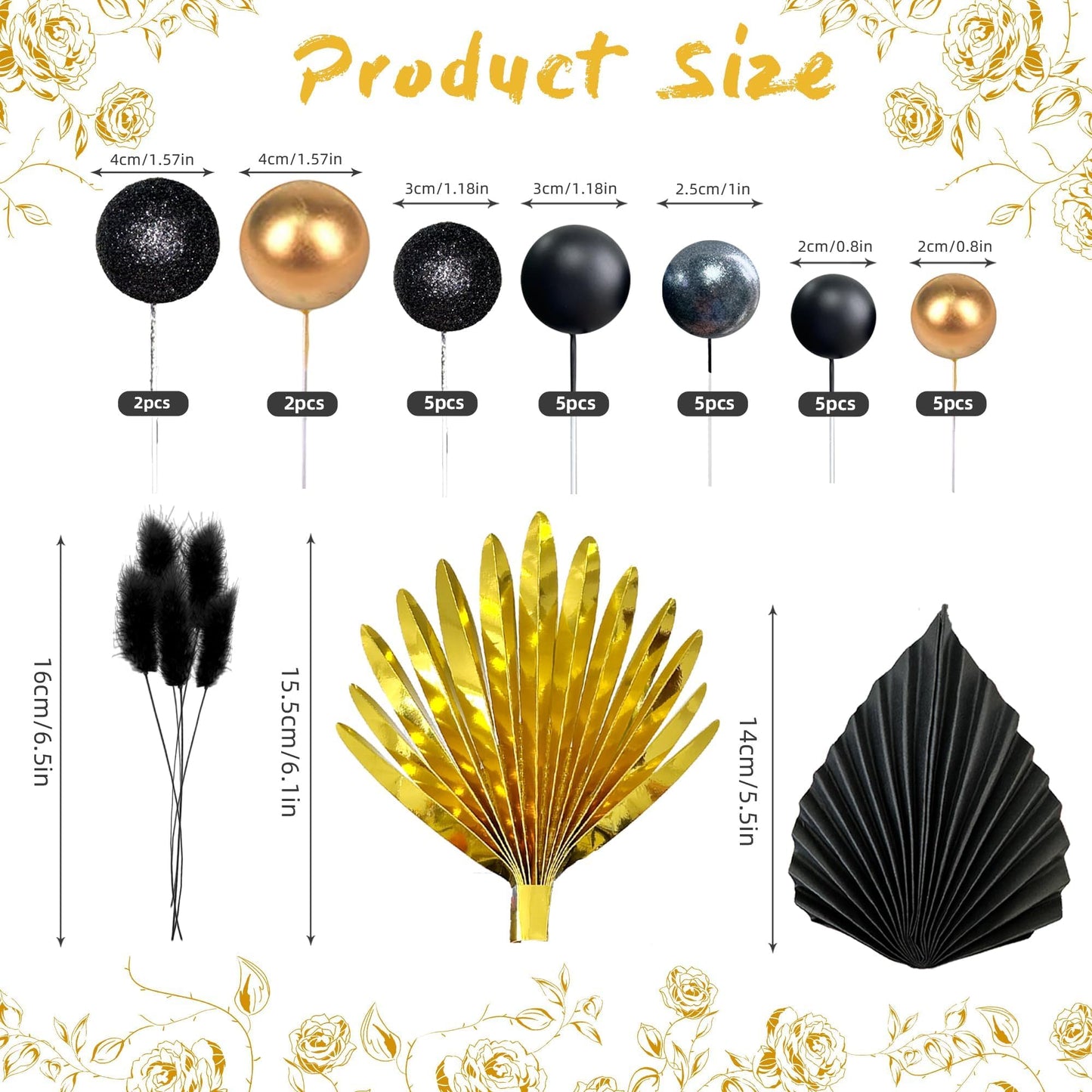 Balls Cake Toppers Palm Leaves Cake Decorations For Birthday Wedding Baby Shower Party Supplies (Black)