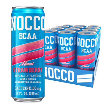 NOCCO BCAA Energy Drink - Miami Strawberry, Sugar Free, 180mg Caffeine, 12 Fl Oz Cans, Pack of 12