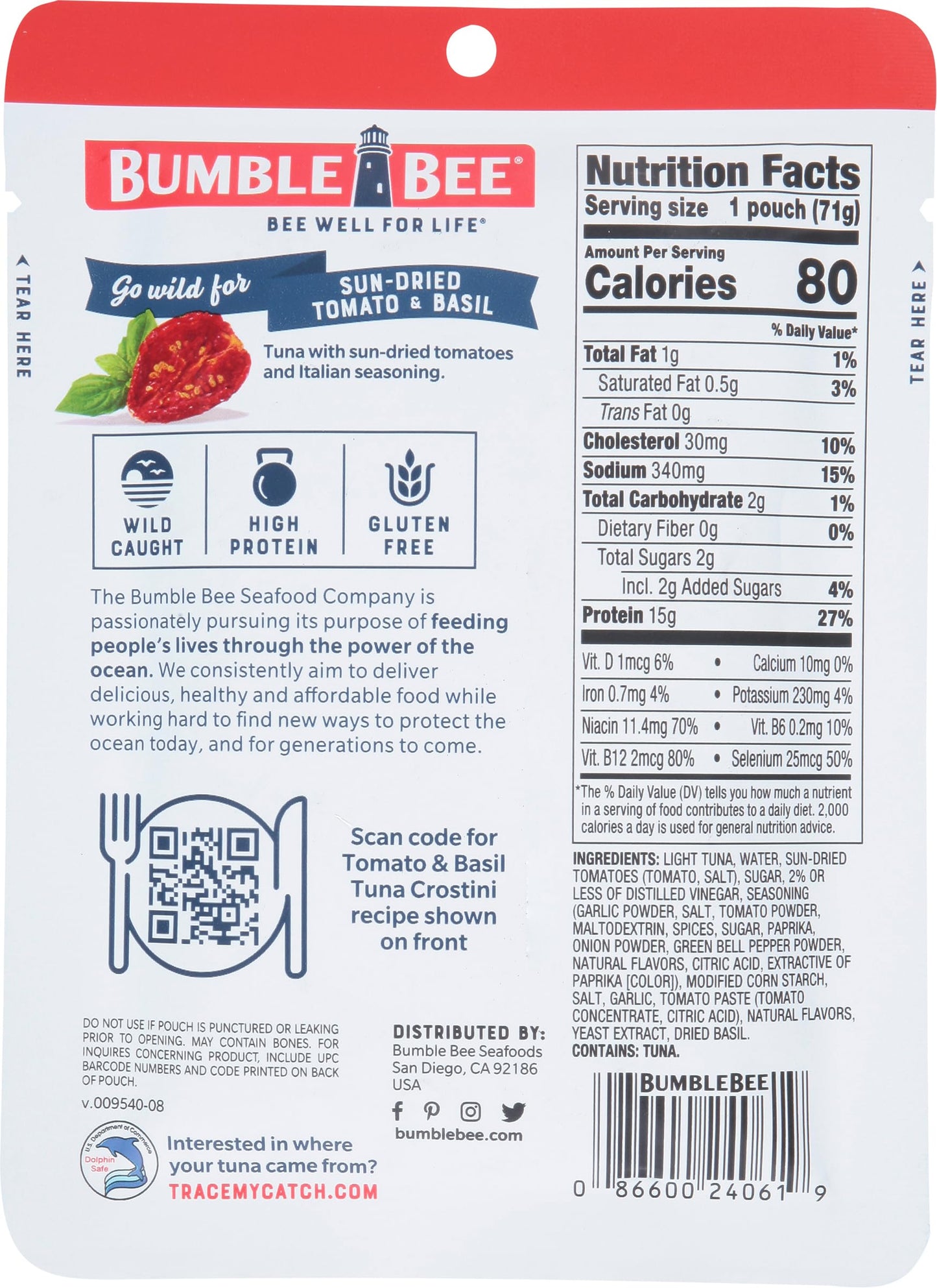 Bumble Bee Sun-Dried Tomato & Basil Seasoned Tuna, 2.5 Oz Pouches (Pack Of 12) - Ready To Eat - Wild Caught Tuna Pouch - 15G Protein Per Serving - Gluten Free