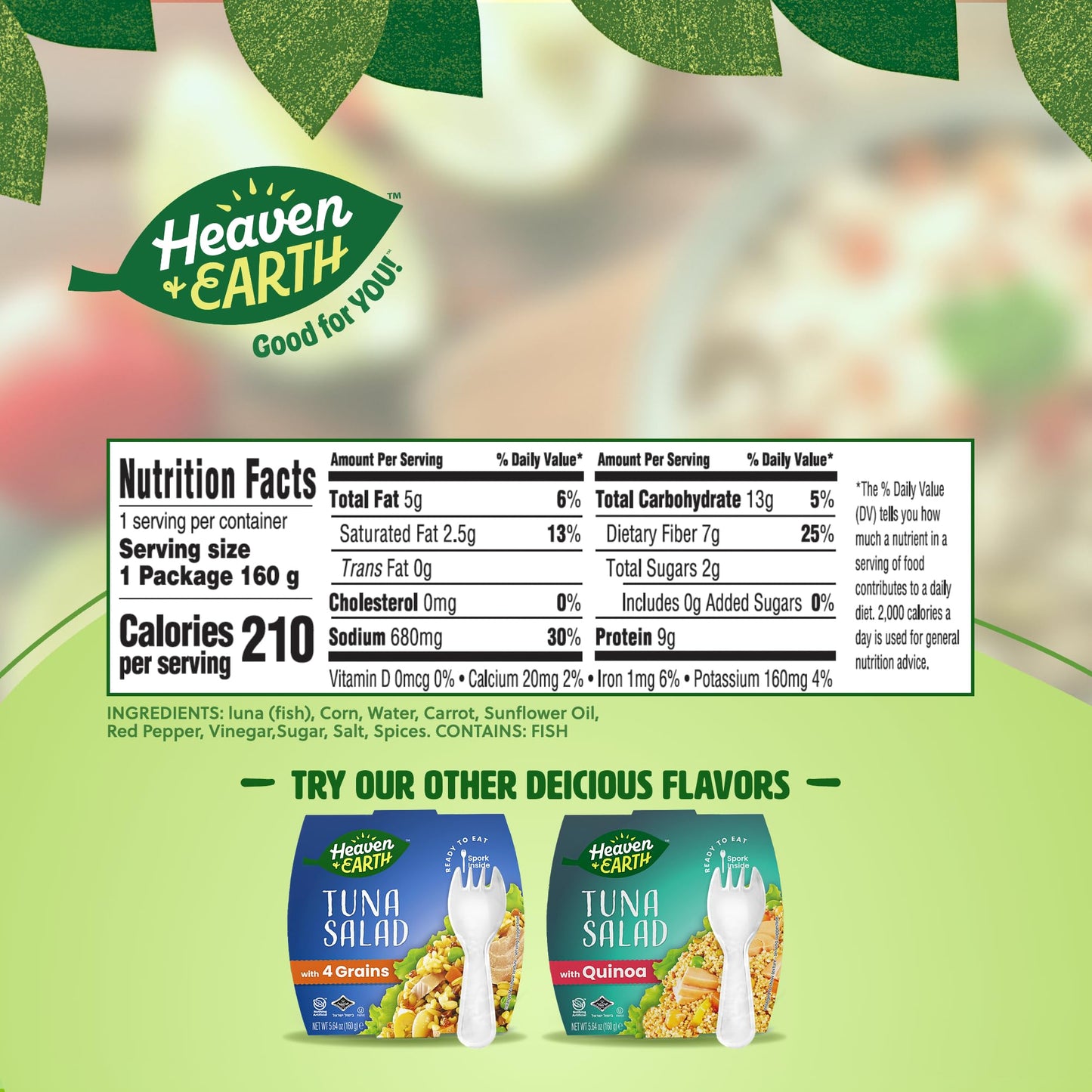 Heaven & Earth Ready to Eat Tuna Salad with Corn & Vegetables, 5.64oz (4 Pack) | Great Source of Protein | Travel Friendly Meals