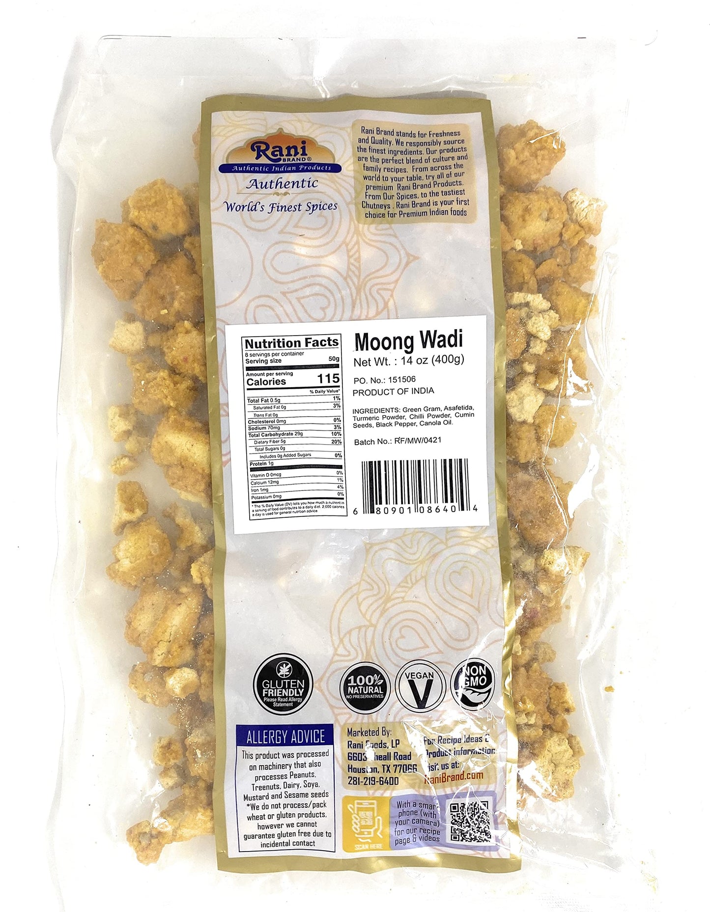 Rani Moong Wadi (Vadi), Lentil Spiced Nugget / Chunks 14Oz (400G) ~ High Protein, All Natural | Vegan | No Colors | Indian Origi