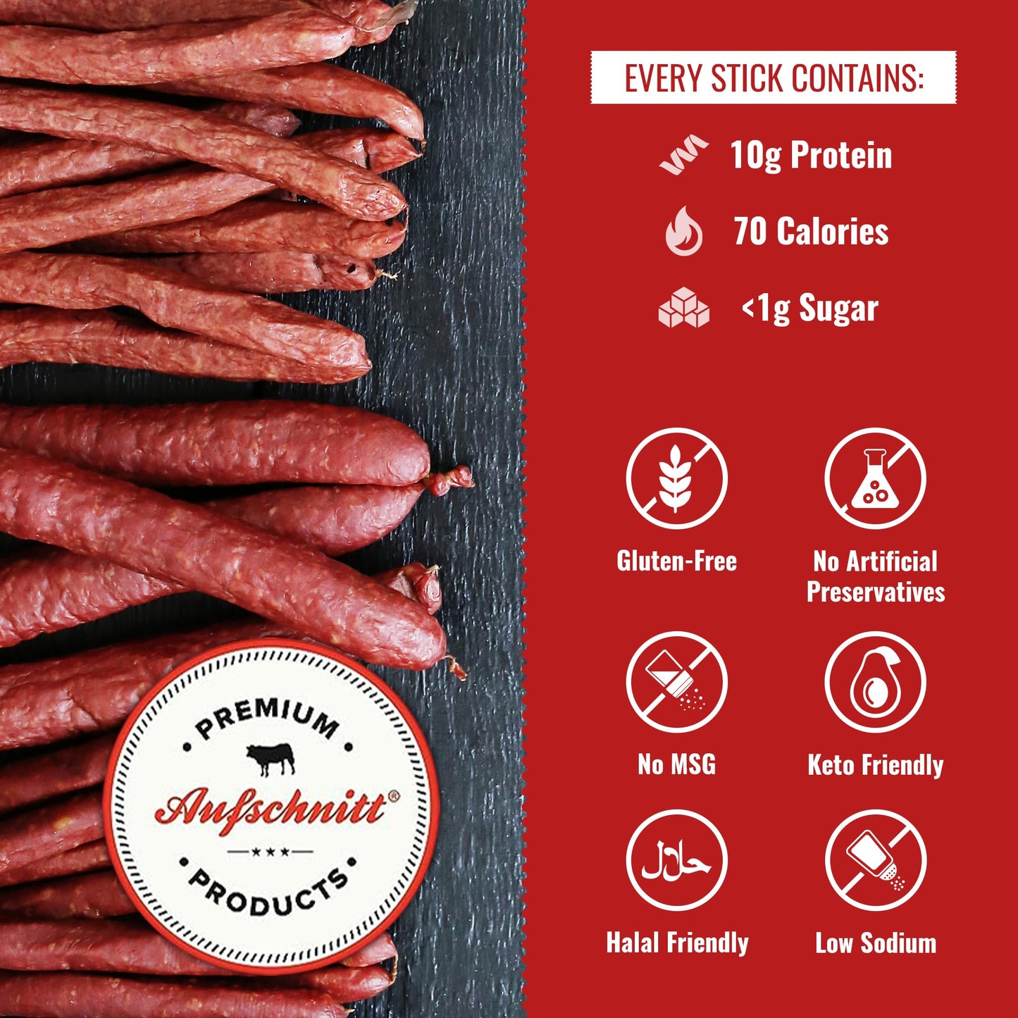 Aufschnitt Grass Fed Beef Jerky Sticks - Low Sodium, Certified Kosher - Halal And Keto Friendly - 6 Pack, Variety