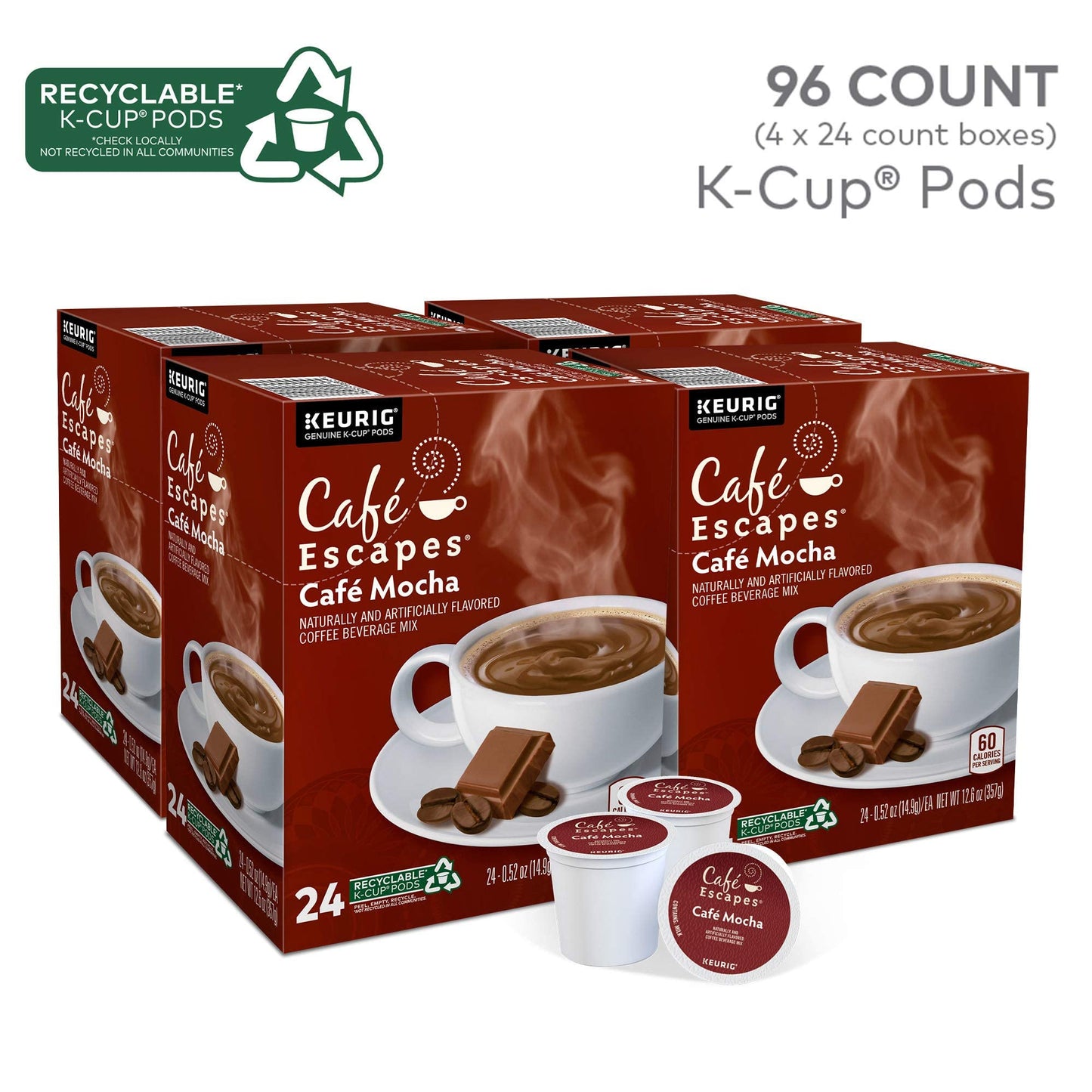 Cafe Escapes Cafe Mocha Keurig Single-Serve K-Cup Pods, 96 Count (4 Packs Of 24)
