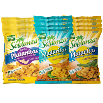 Soldanza Plantain Chips, Variety Pack 2.5 Oz (Pack Of 12) 4 X Salted Plantain Chips, 4 X Ripe Plantain Chips, 4 X Garlic Plantai