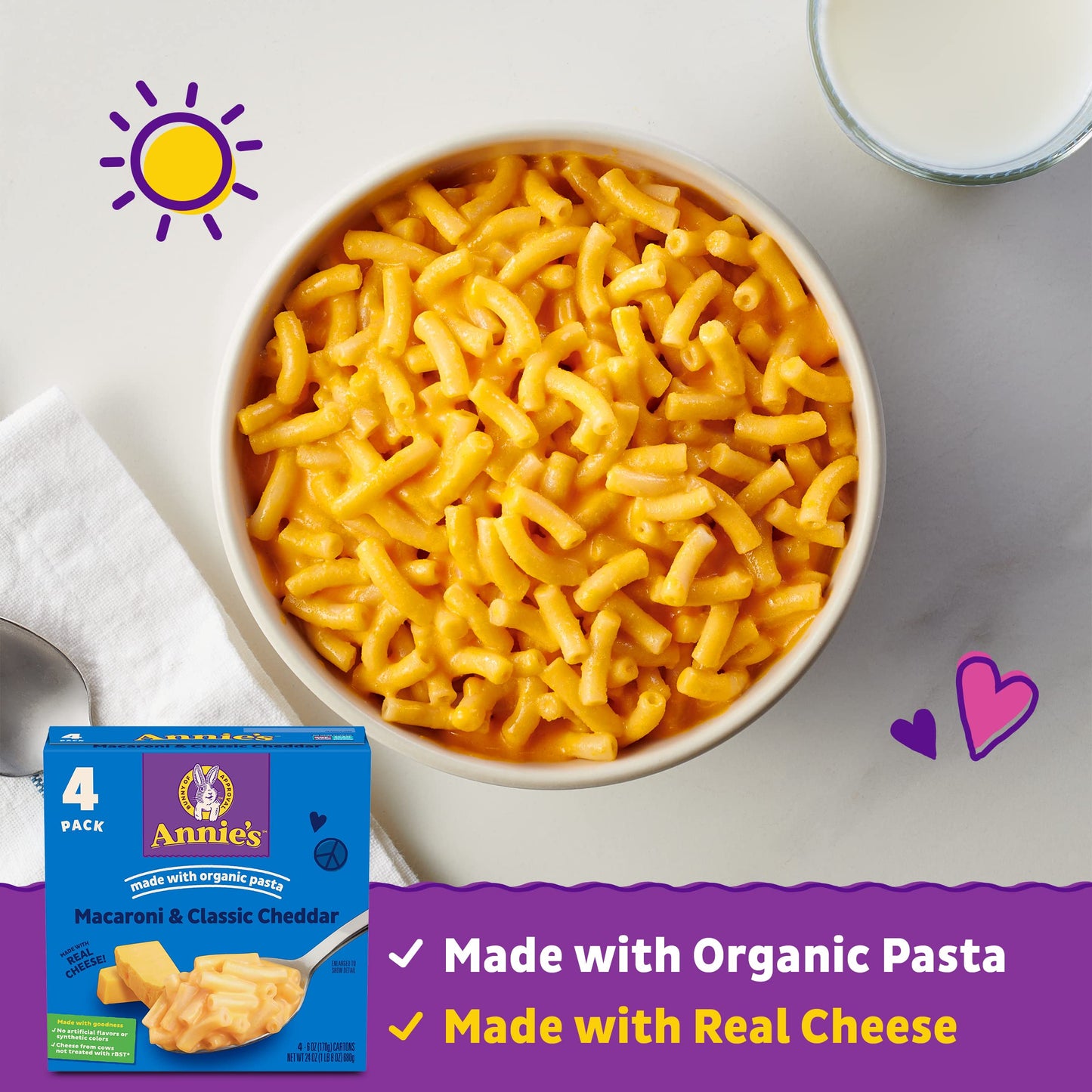 Annies Macaroni and Cheese, Classic Cheddar with Organic Pasta, 4 Ct, 24 oz