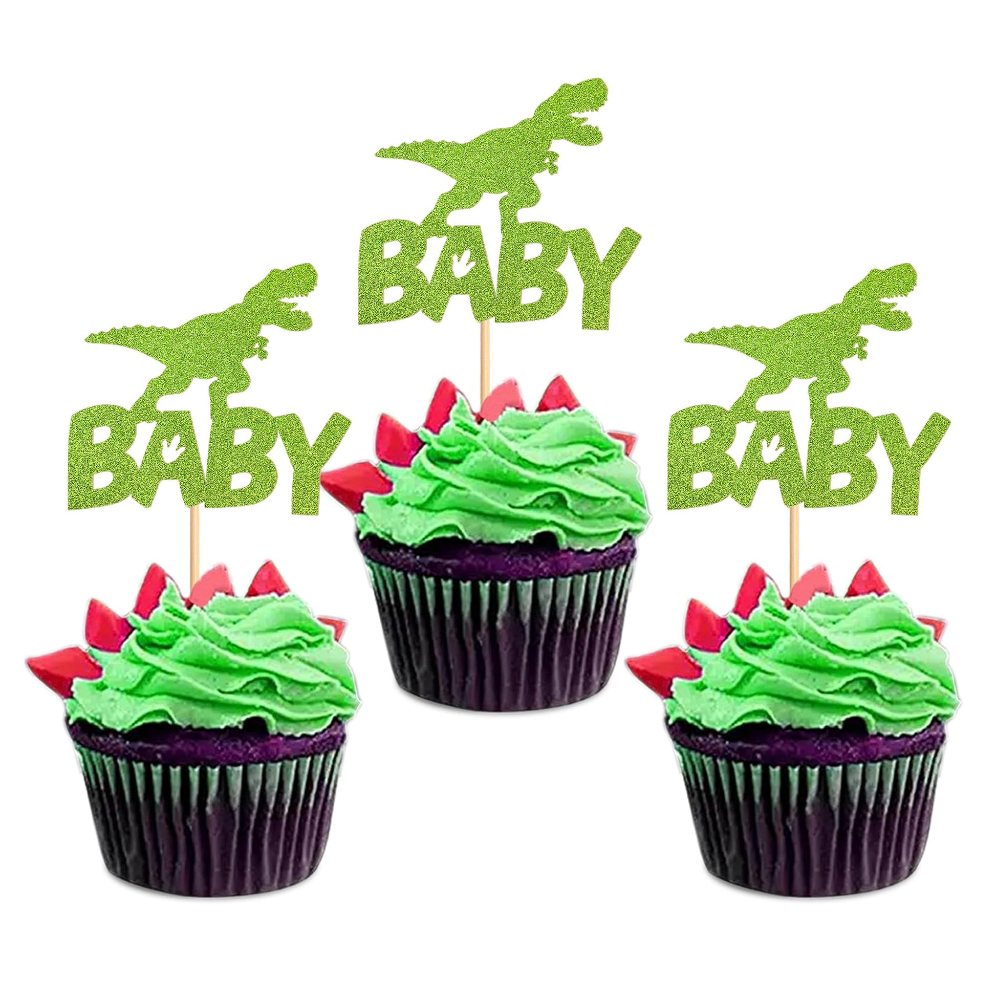 Ercadio 24 Pack Dinosaur Baby Cupcake Toppers Green Glitter Dinosaur Baby Cupcake Picks Little Dino Baby Cupcake Picks For Dinos