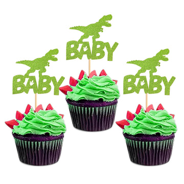Ercadio 24 Pack Dinosaur Baby Cupcake Toppers Green Glitter Dinosaur Baby Cupcake Picks Little Dino Baby Cupcake Picks For Dinos