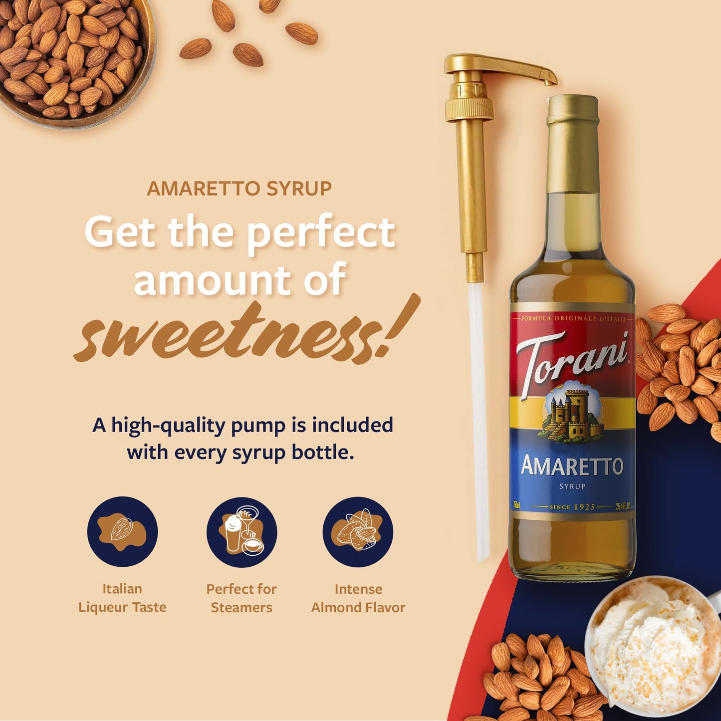 Torani Coffee Syrup, Amaretto Flavoring For Drinks, Glass Bottle With Pump Included, 25.4 Fl Oz