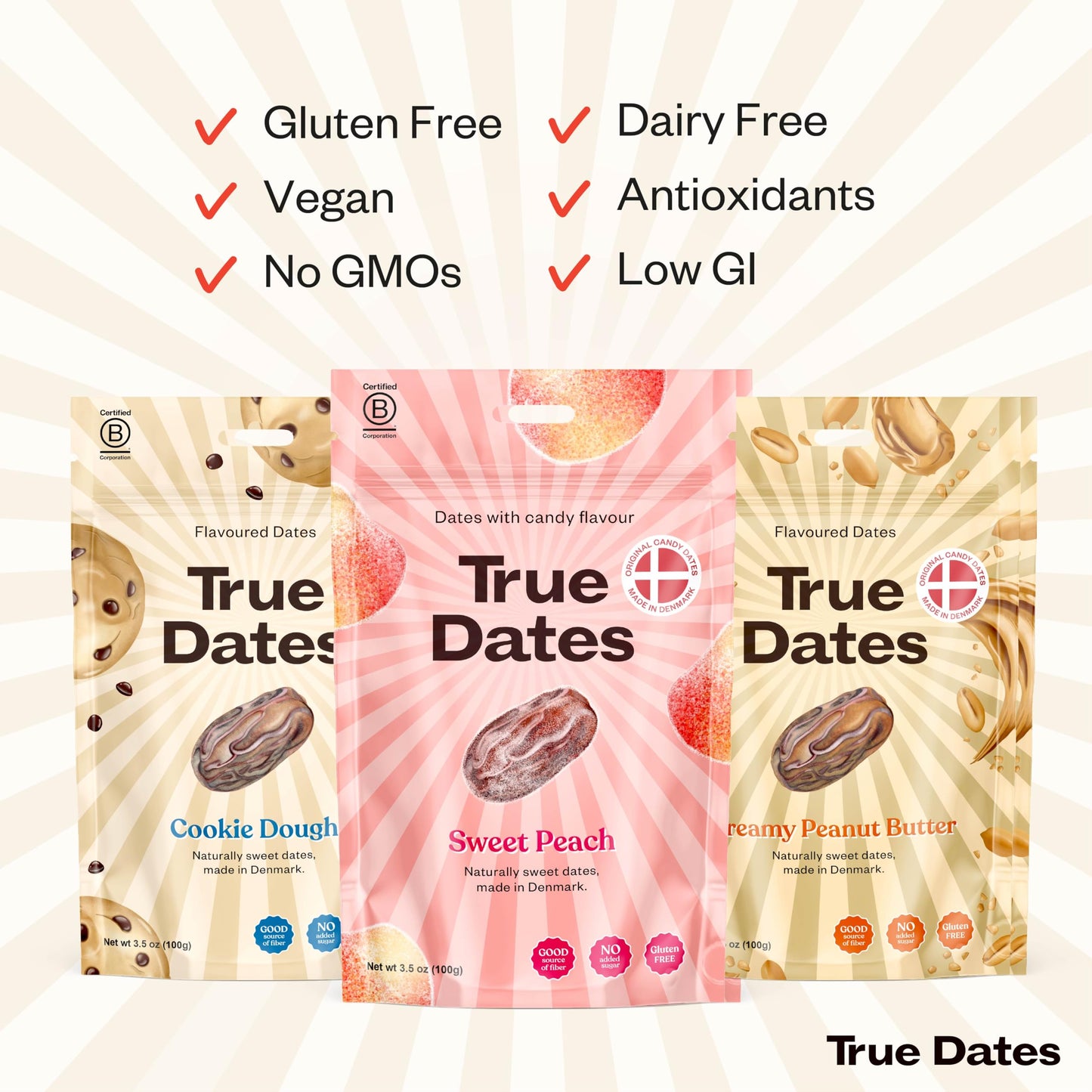 True Dates Sweet Flavor Variety - Vegan Candied Dates (Creamy Peanut Butter, Cookie Dough, Sweet Peach) - 3-3.5 Ounce Bags, No Added Sugar
