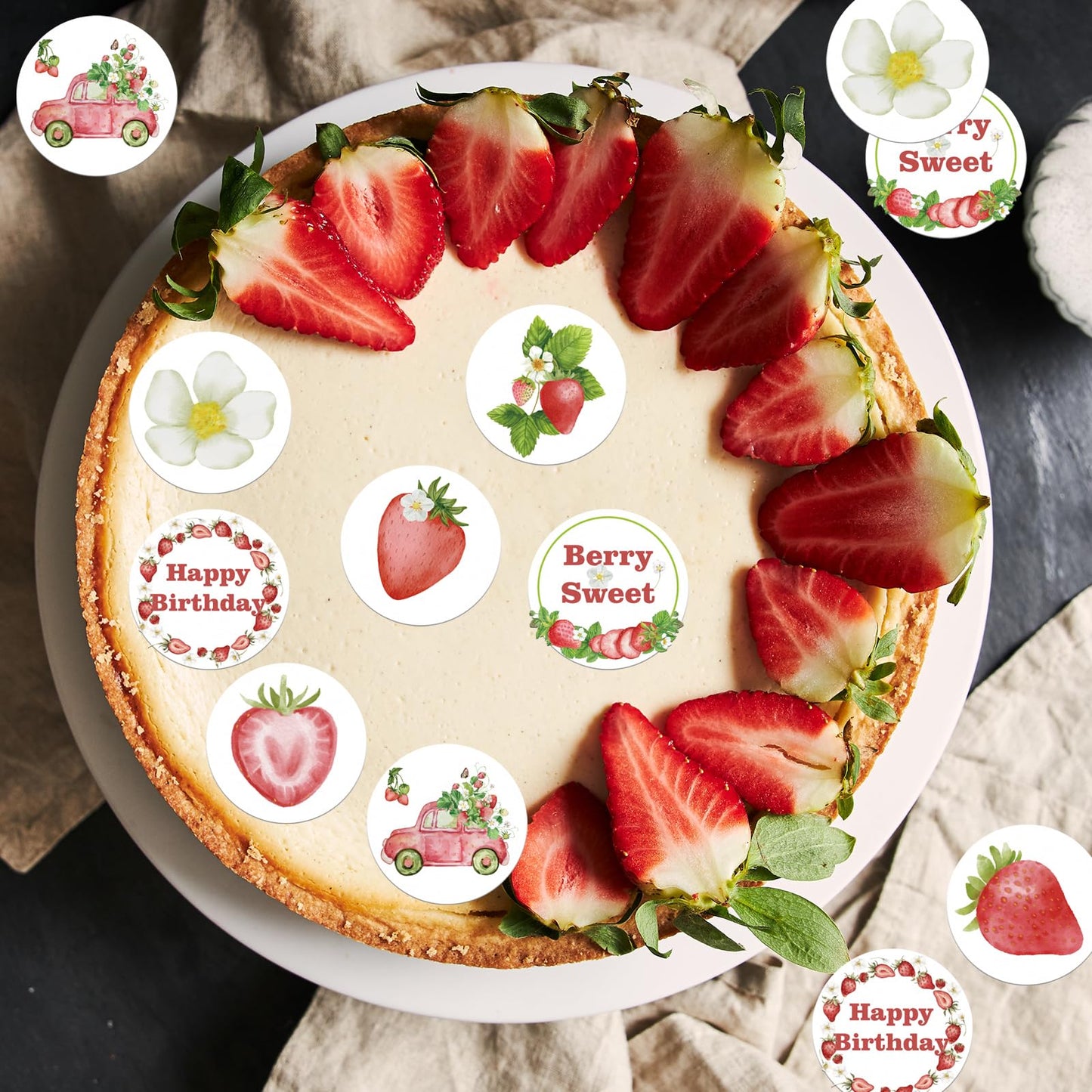 Fyeoxle 48Pcs Edible Strawberry Cupcake Toppers Wafer Paper Starwberry Flower Birthday Cake Decoration Sweet Berry Strawberry Ha