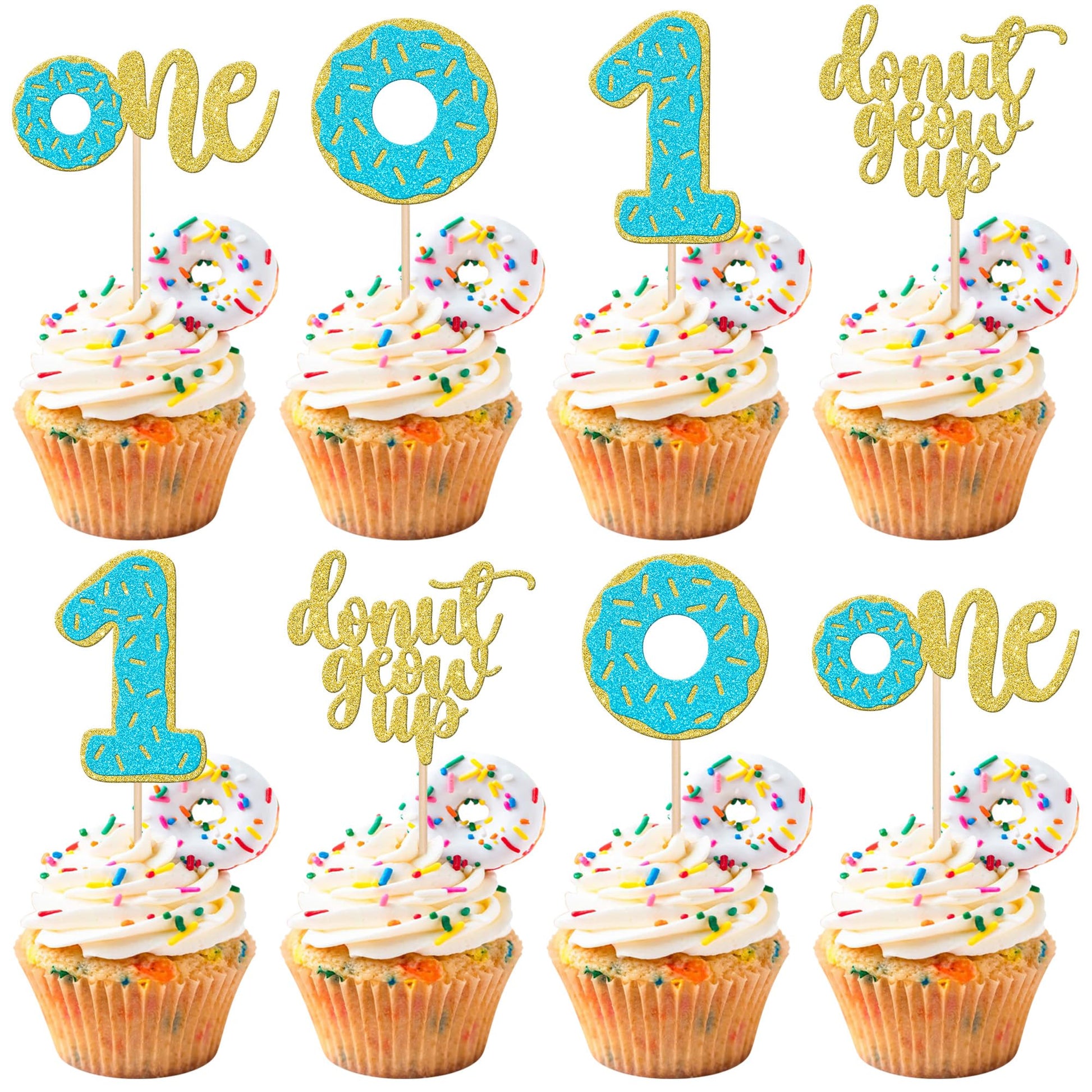 24 PCS Donut 1st Birthday Cupcake Toppers Glitter Donut Grow Up One Cupcake Picks Donut First Birthday Party Decoration for Donu