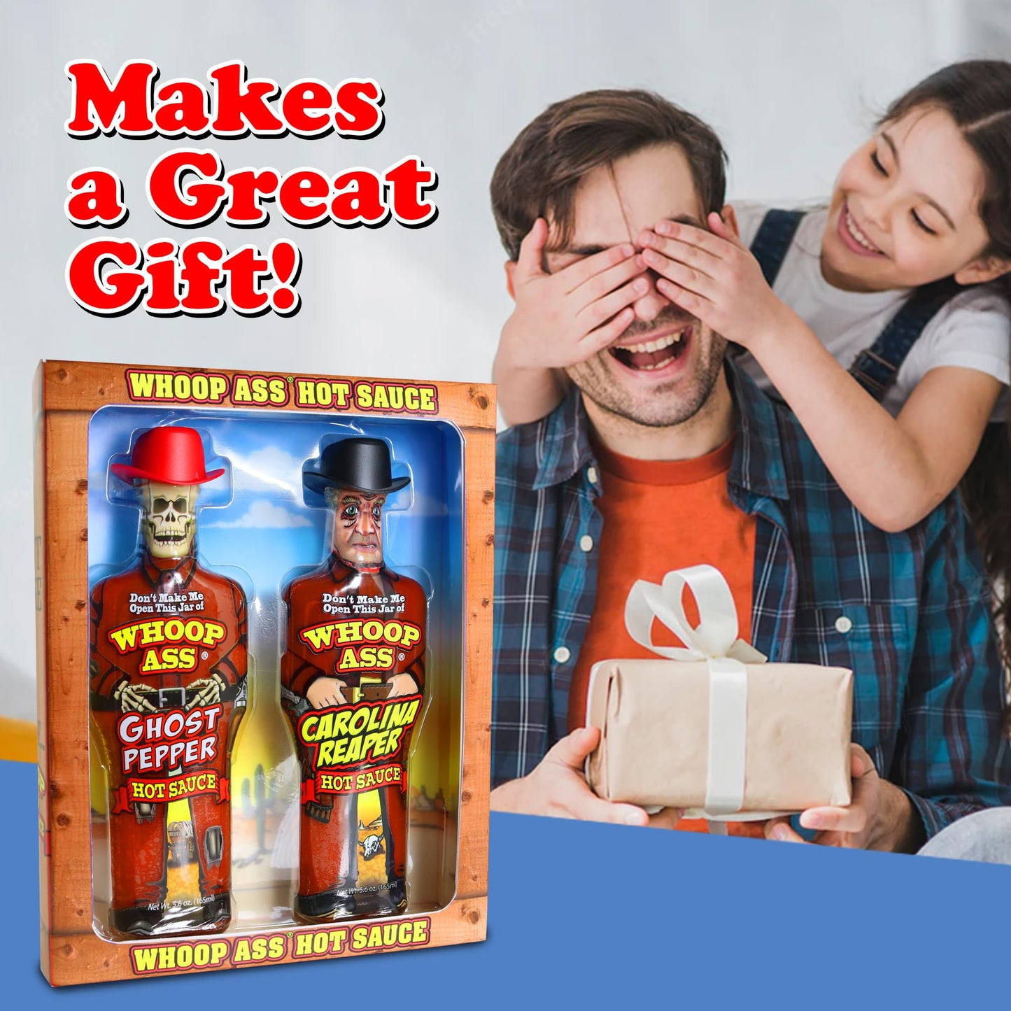 WHOOP ASS Ghost Pepper & Carolina Reaper Hot Sauce Gift Set - 5.6 oz (Pack of 2) - Collectible Figurine Bottles - Red