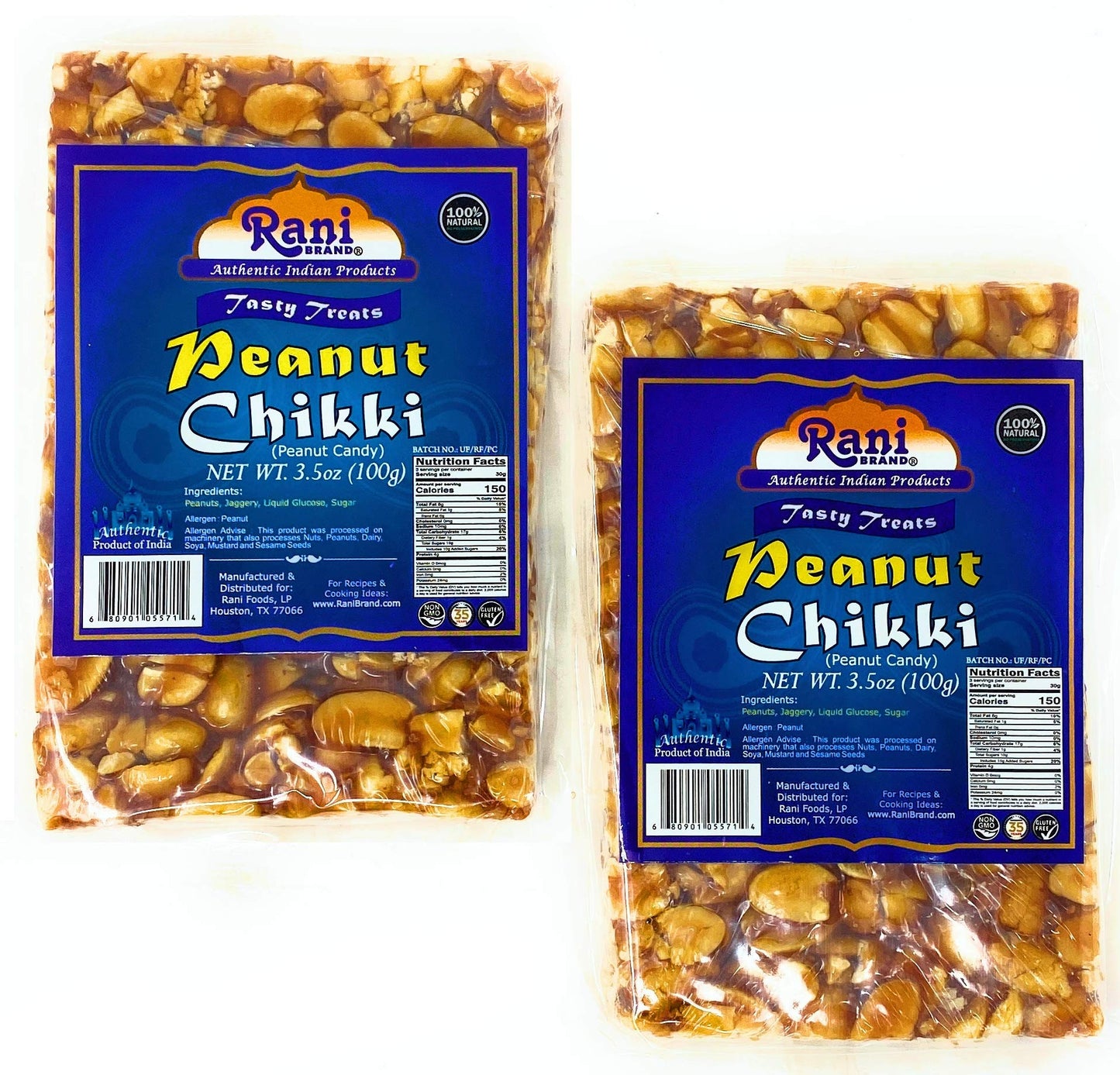 Rani Peanut Chikki (Brittle Candy) 3.5Oz (100G) X Pack Of 2 ~ All Natural | Vegan | No Colors | Gluten Friendly | Indian Origin