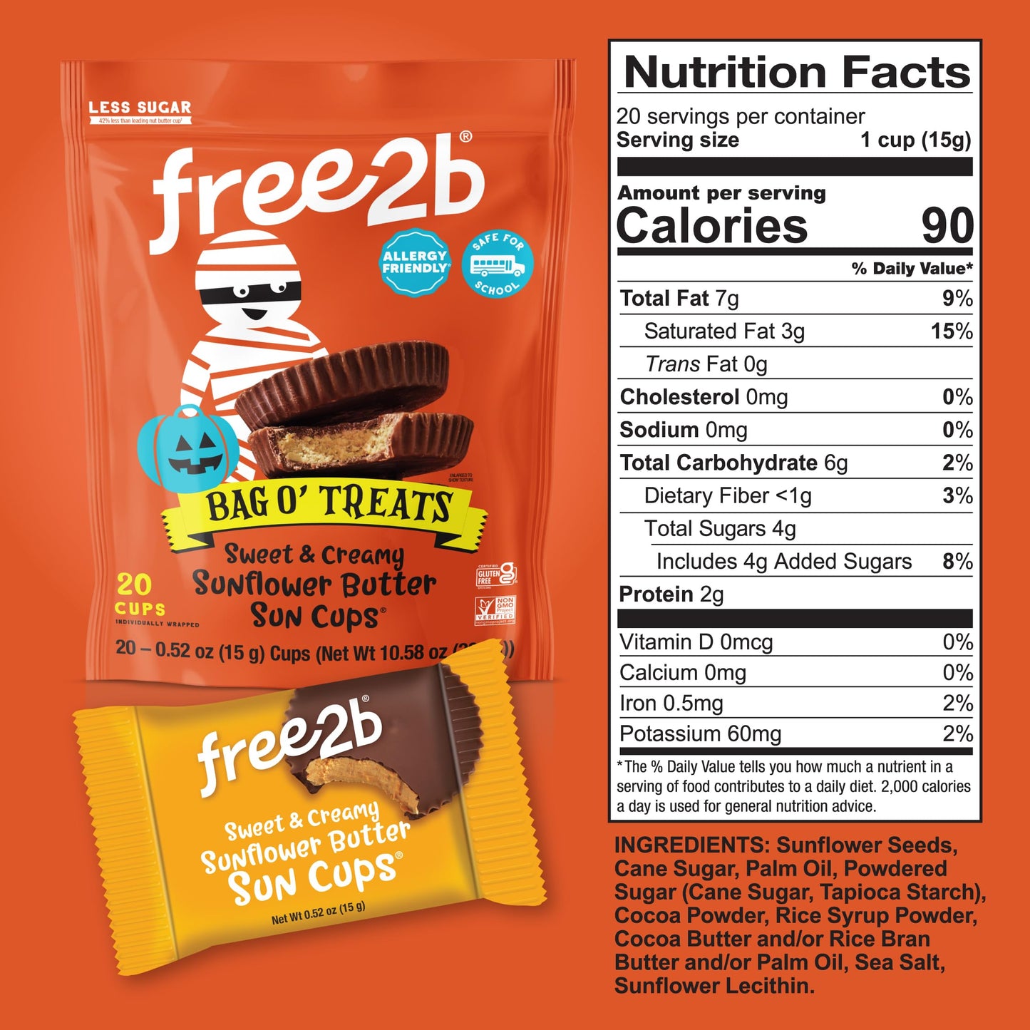 Free 2b Dark Chocolate Sunflower Butter Cups, Gluten-Free, Dairy-Free, Nut-Free, 0.7 Oz. Cup, Pack of 18