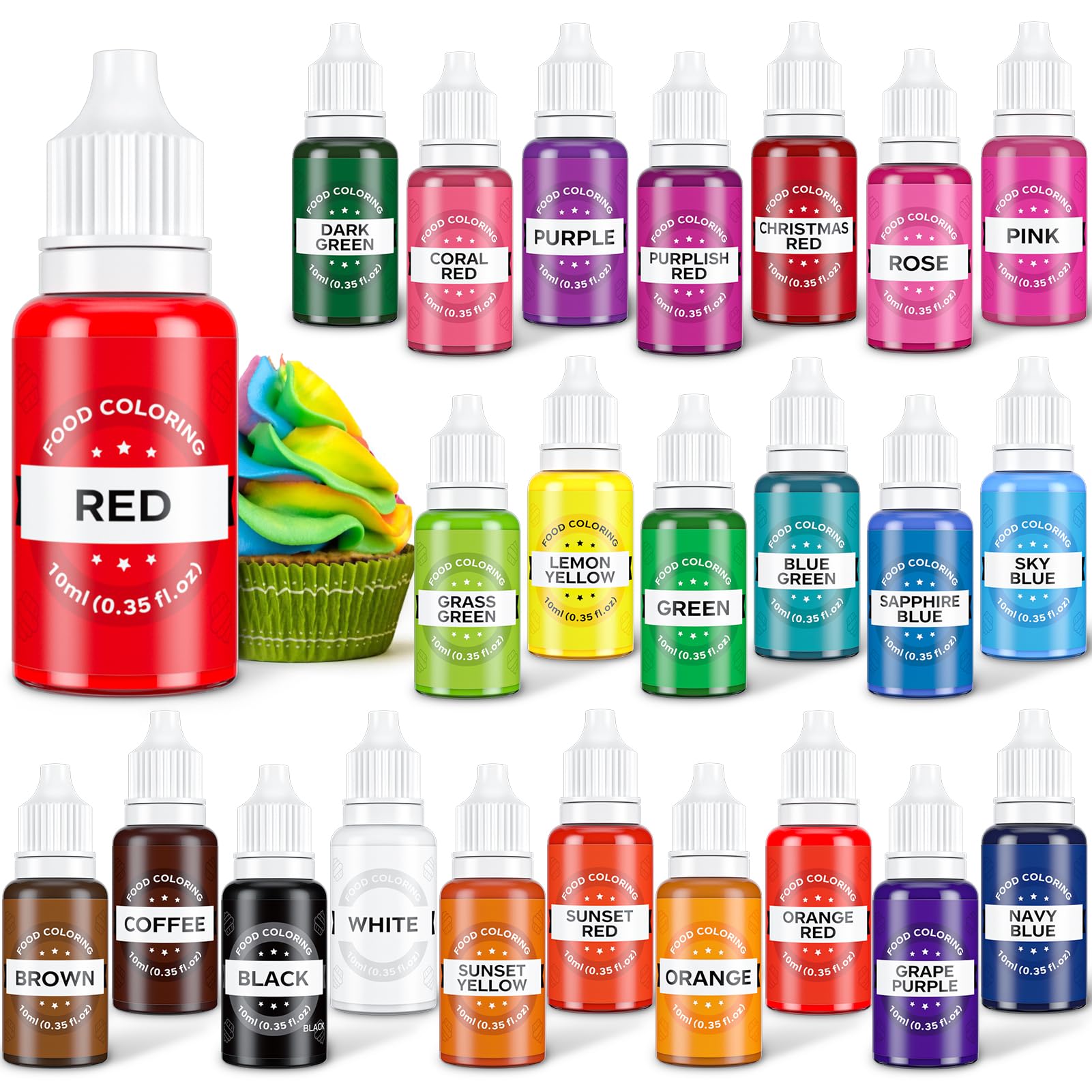 Cherrysea Food Coloring Set - 24 Vibrant Liquid Dyes, Tasteless, 0.35 Fl Oz Bottles, Perfect for Baking, Icing, and DIY Crafts