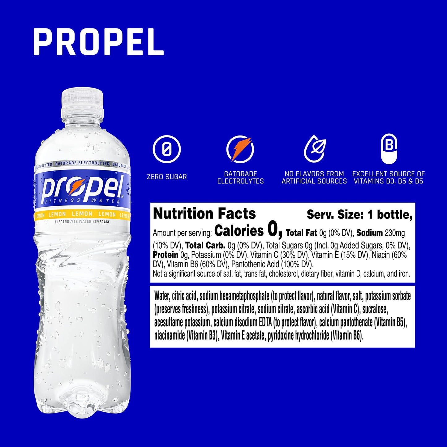 Propel Lemon Zero Calorie Sports Drinking Water with Electrolytes & Vitamins C&E, 16.9 Fl Oz Bottles, Pack of 12