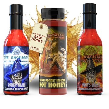 3-Pack Gourmet Hot Sauce Gift Set | Odins Wrath Carolina Reaper Sauce, Scotch Bonnet Infused Hot Honey, & 5 Million Scoville Extract Carolina Reaper Sauce (Extreme Heat) | Th Ragnarok Hot Sauce Company