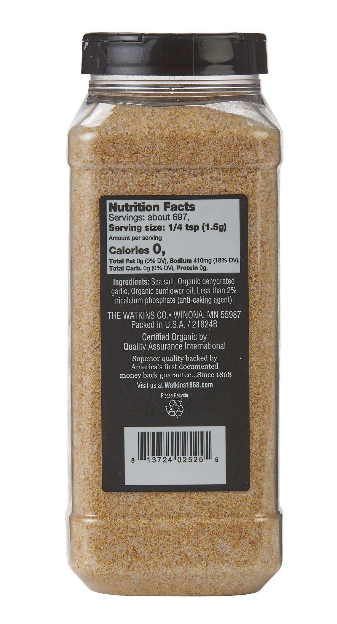 Watkins Gourmet Spice Organic Garlic Salt, 33.5 oz Bulk Food Service Size, Pack of 1